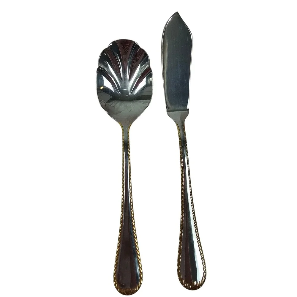 Mikasa Cameo 18/10 Stainless Serving Utensils Gold Trim Spoons Fork Butter Knife